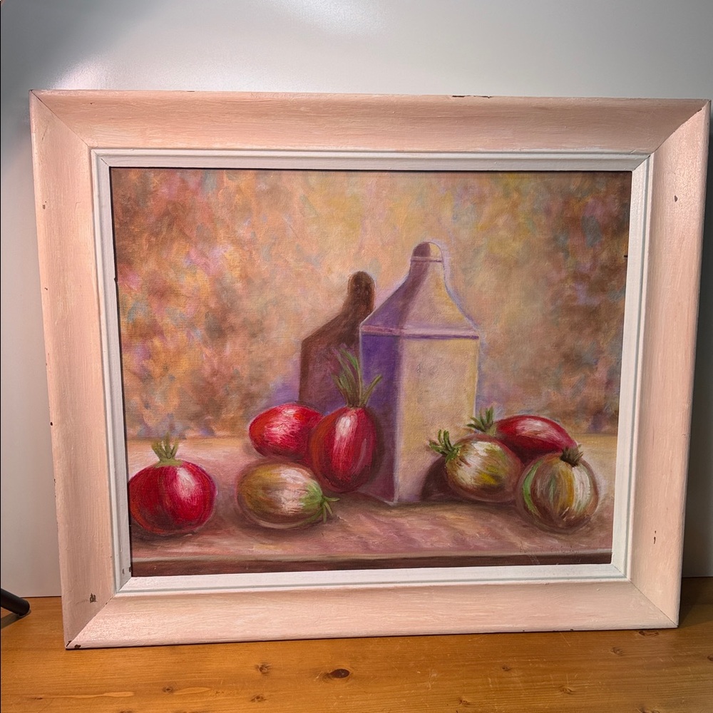 Framed Still Life Painting with Red and Green Accents